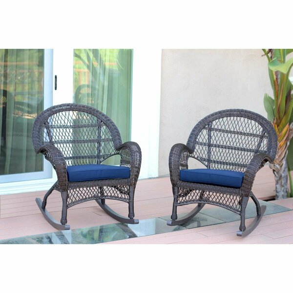 Jeco W00208-R-2-FS011-CS Espresso Wicker Rocker Chair with Blue Cushion, 2PK W00208-R_2-FS011-CS